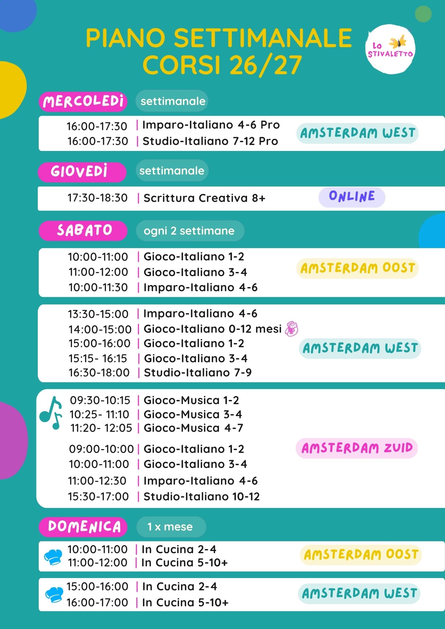 Tabella con il programma settimanale dei corsi Stivaletto 2026-27